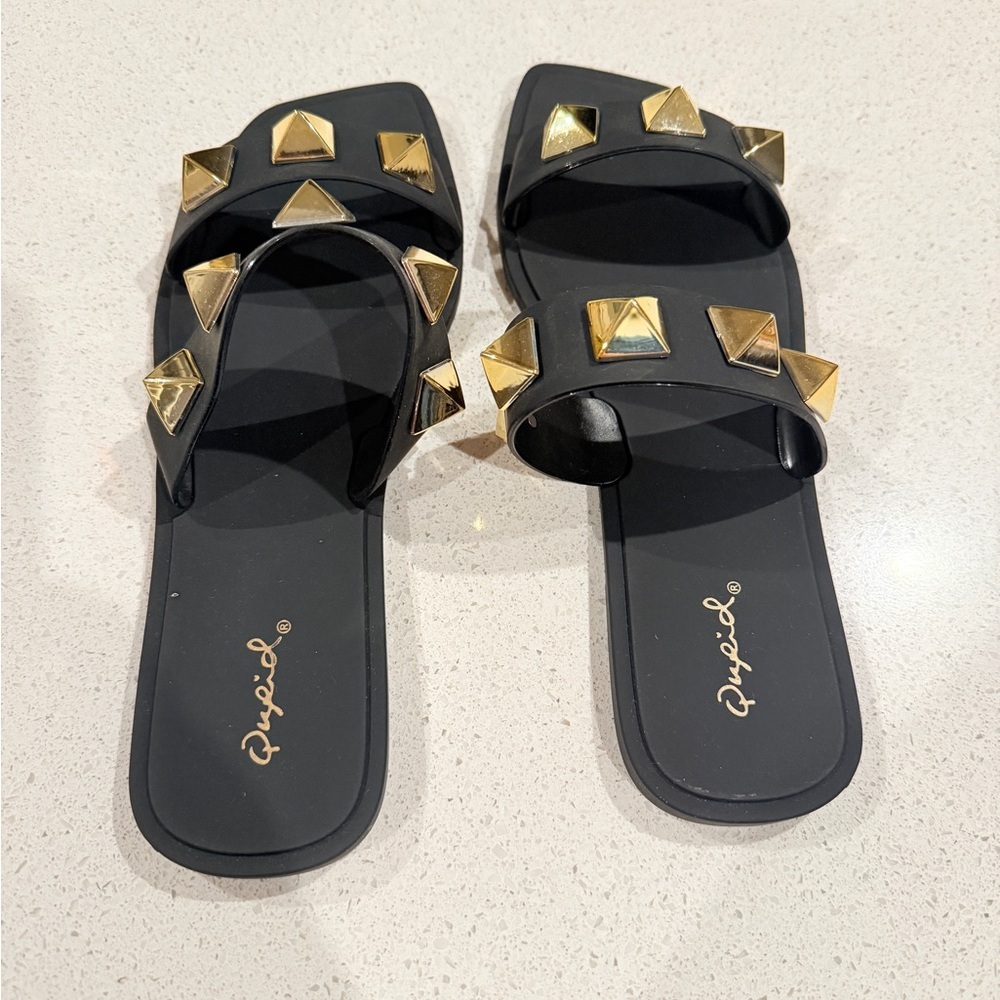 TALULAH Black Sandals with Gold Accents - Picture 2 of 5